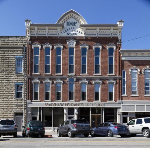 The old Odd Fellows Hall and surrounding buildings on the Carroll County Courthouse square