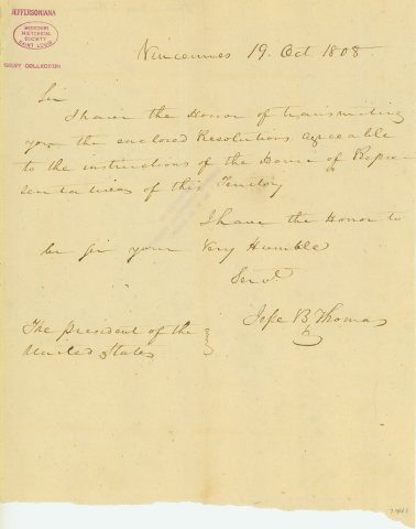Letter signed Jesse B. Thomas, Vincennes, to Thomas Jefferson, October 19, 1808