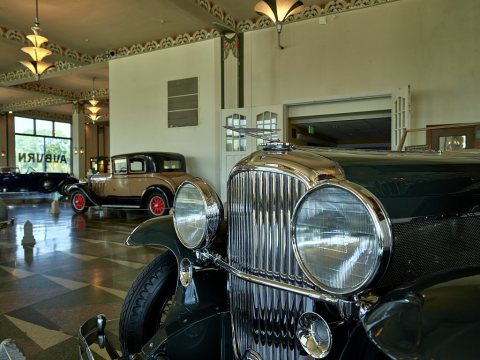 Two of about 125 classic automobiles displayed at the Auburn Cord Duesenberg Automobile Museum