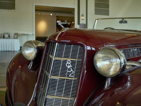 Grille and hood ornament on a 1936 Auburn 852 Cabriolet, one of about 125 classic automobiles displayed at the Auburn C…