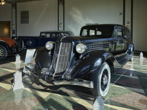 A 1936 Auburn 852 Hearse is one of about 125 classic automobiles displayed at the Auburn Cord Duesenberg Automobile Mus…