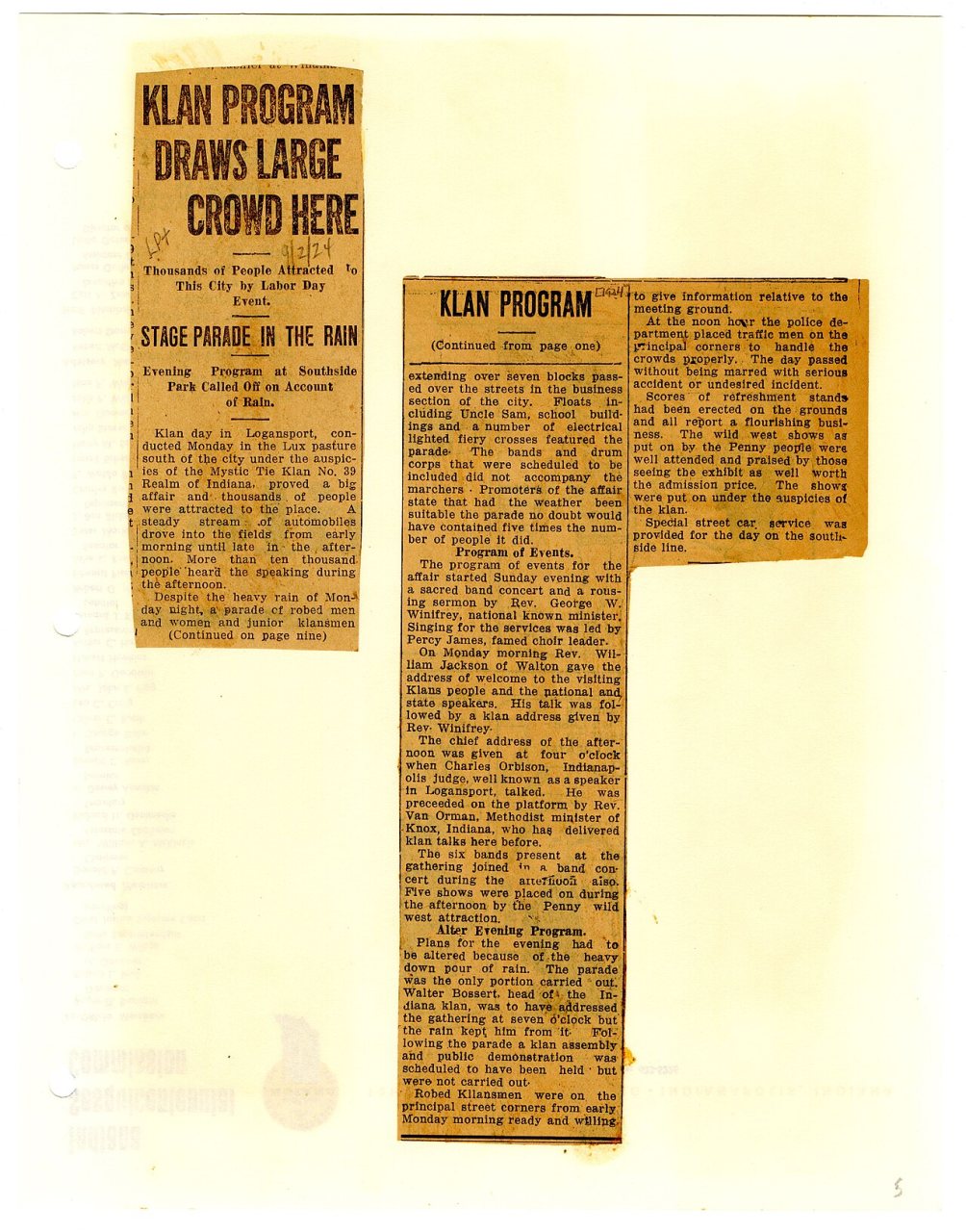 "Klan program draws large crowd here" clipping, 1924-09-02
