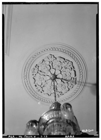 CLOSE- UP DETAIL OF CENTER OF CEILING IN HALL - Cedar Grove, Uniontown Road, Faunsdale, Marengo County, AL HABS ALA,46-…