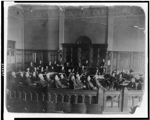 Scene in courtroom, Morrison Will case at Richmond, Indiana, in 1895. The longest jury trial in the U.S. up to that tim…