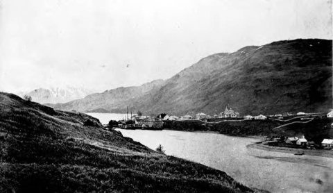 Distant view of Kodiak, Alaska, between 1880 and 1890