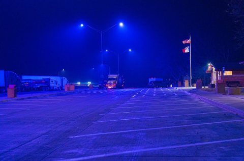 Purple LED Street Lights at Ladora Iowa I-80 Rest Area