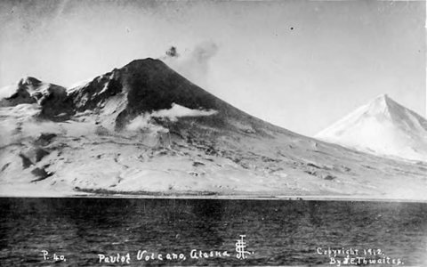 Pavlof Volcano as viewed across water, near Sand Point, Alaska, 1912