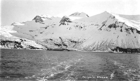 Looking back from ship to Chignik and hills, ca. 1912