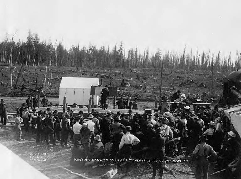 Crowd at auction sale of townsite lots in Wasilla, Alaska, June 20, 1917