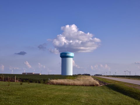 Modern, even stylish, water tower serving Wellsburg, Iowa