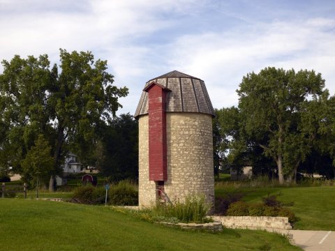 A historic limestone silo, built in the 1930s