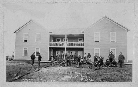 Group of men in front of a hotel, Fort Get-There, Saint Michael, Alaska, June 20, 1898