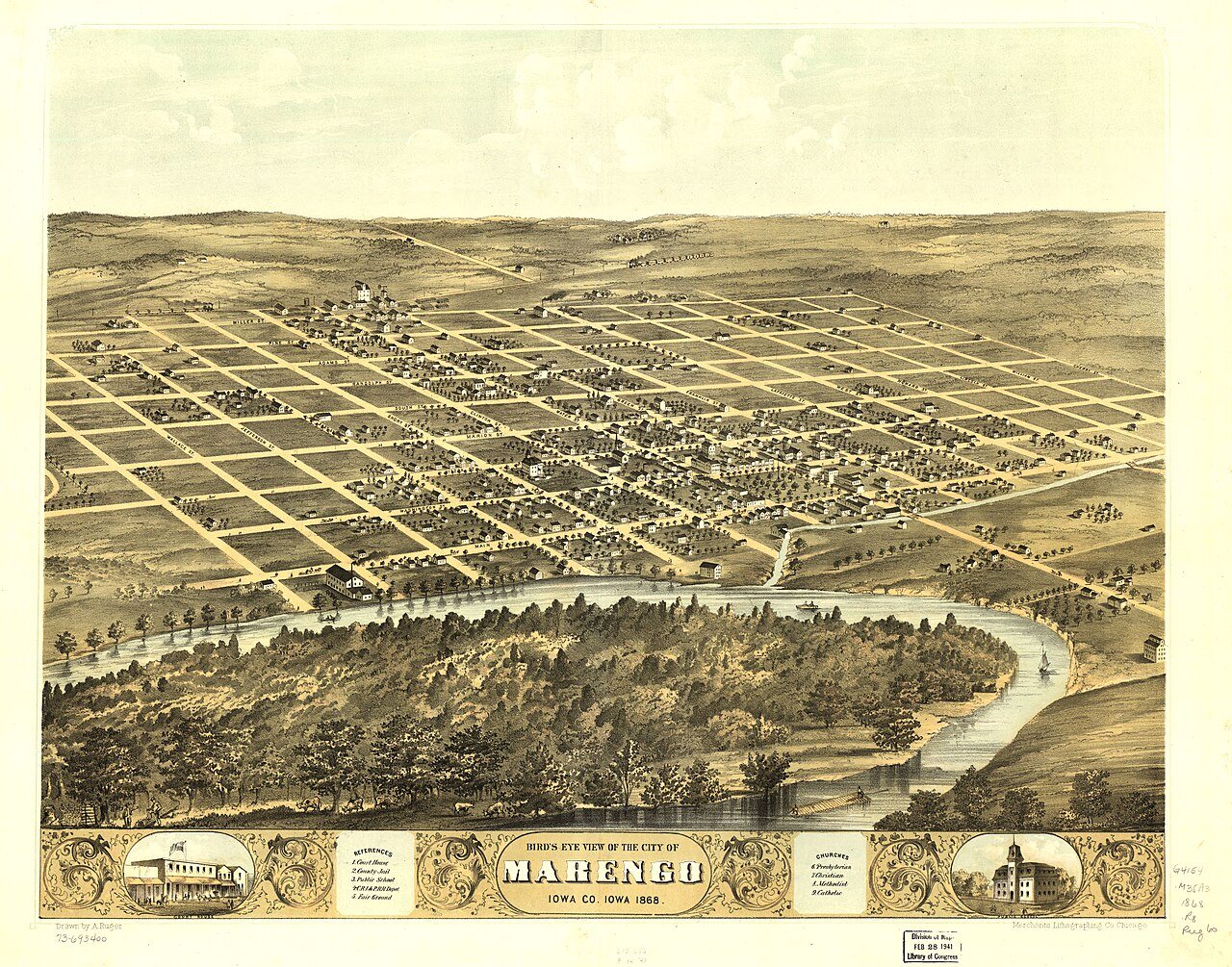 Bird's eye view of the city of Marengo, Iowa Co., Iowa 1868