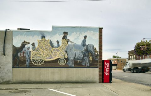 Carl Homstad's 1993 mural, "The Circus Parade," in the eastern Iowa small town of Postville
