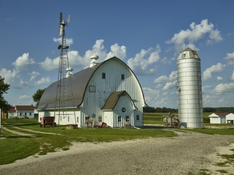 Large and well-maintained barn at the Hardin County Farm Museum, a farm site