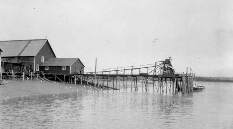 Cannery buildings and pier, Libby, McNeill & Libby cannery, Kenai, 1912-1921