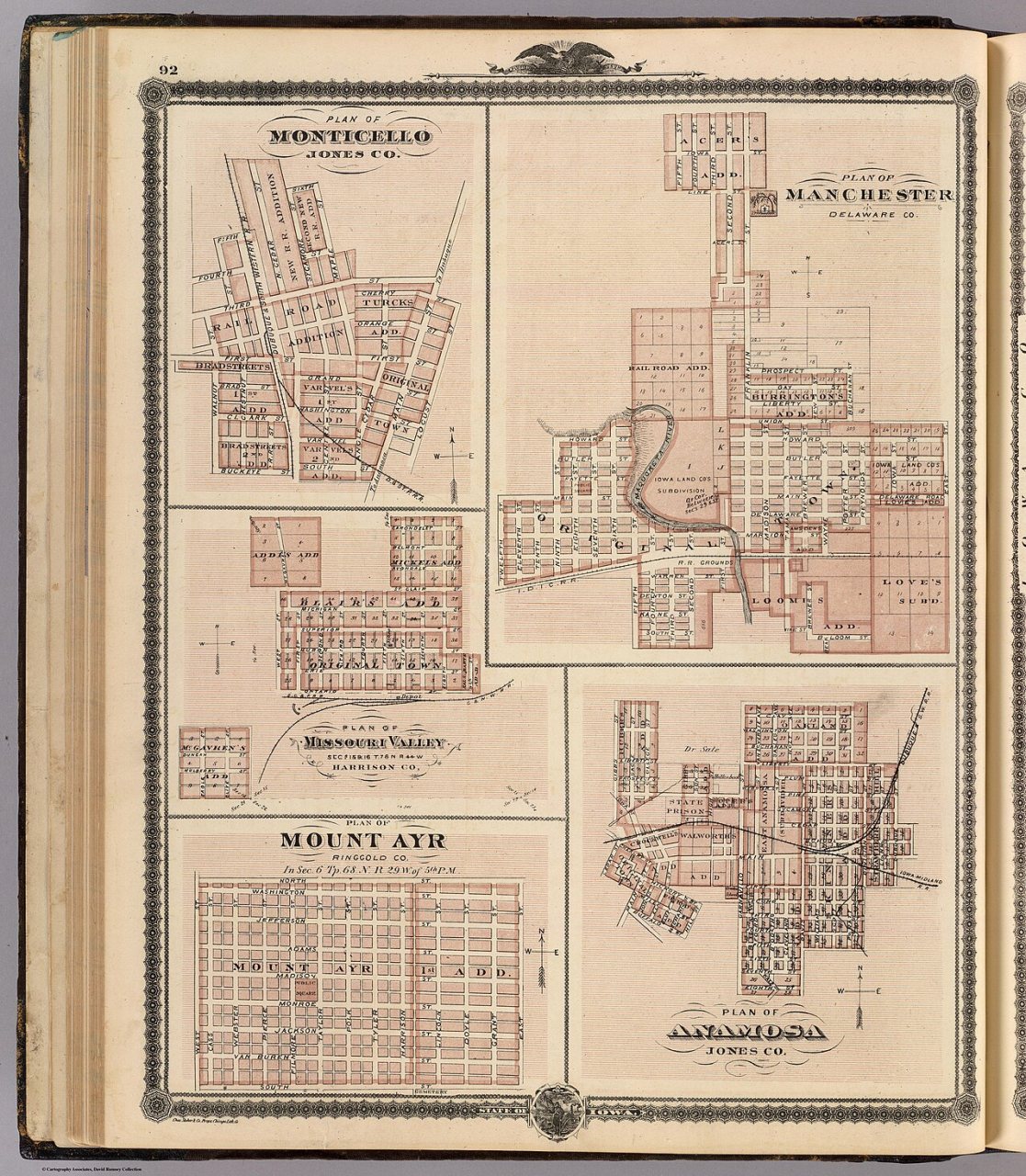 Plans of Monticello, Manchester, Missouri Valley, Mount Ayr and Anamosa. (0018.077)