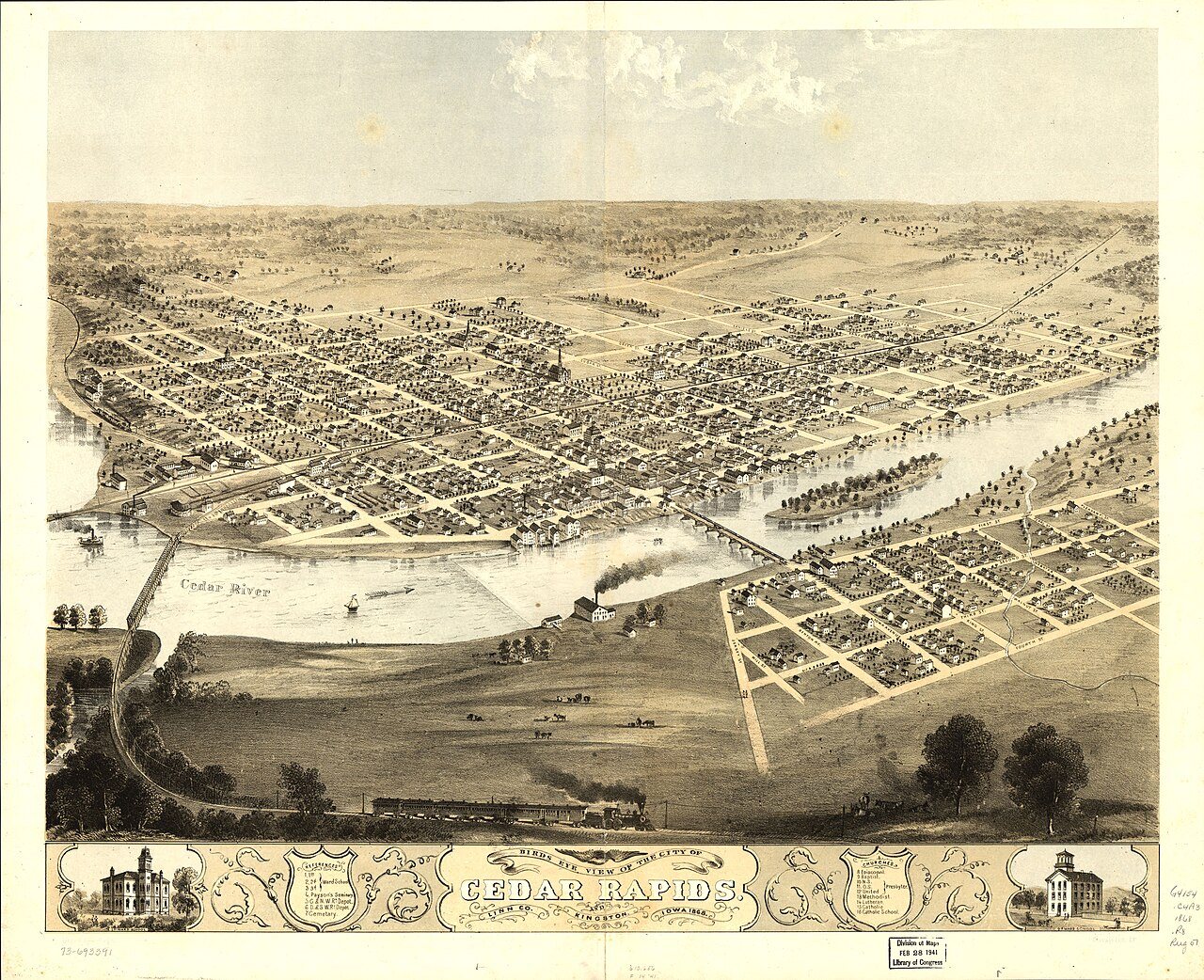 Birds eye view of the city of Cedar Rapids and Kingston, Linn Co., Iowa 1868