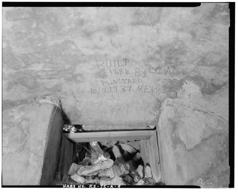 Detail of inscription on ceiling of cave beneath smokehouse, looking east - Henry E. Williams Farmstead, Smokehouse, So…