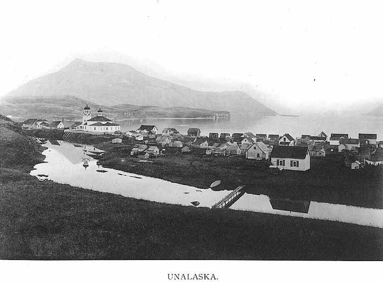 Unalaska, Alaska showing the Holy Ascension Russian Orthodox Cathedral at left and Iliuliuk Bay in background, 1906-1908