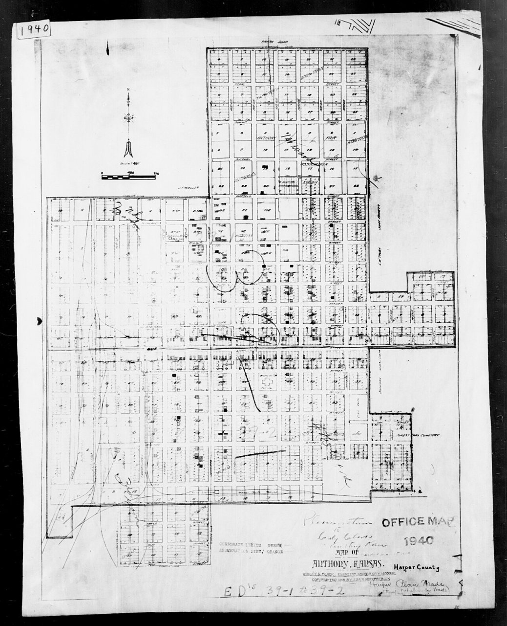 1940 Census Enumeration District Maps - Kansas - Harper County - Anthony - ED 39-1A, ED 39-1B, ED 39-2A, ED 39-2B