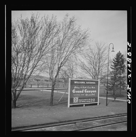 Williams, Arizona. Going through the town on the Atchison, Topeka and Santa Fe Railroad between Winslow and Seligman, A…