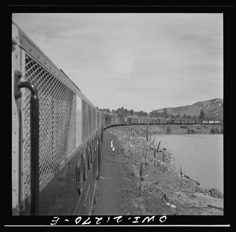 Williams, Arizona. On the Atchison, Topeka, and Santa Fe Railroad between Winslow and Seligman, Arizona, going around a…