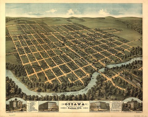 Bird's-eye view of Ottawa, the largest city of its age in Kansas, 1872 - looking south-west