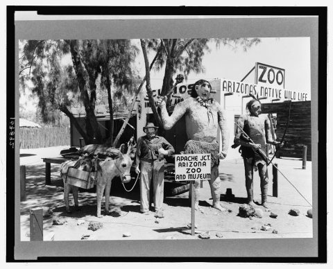 Group of figures made of papier mache which attract passing tourists at Apache Junction, Arizona. These three figures w…