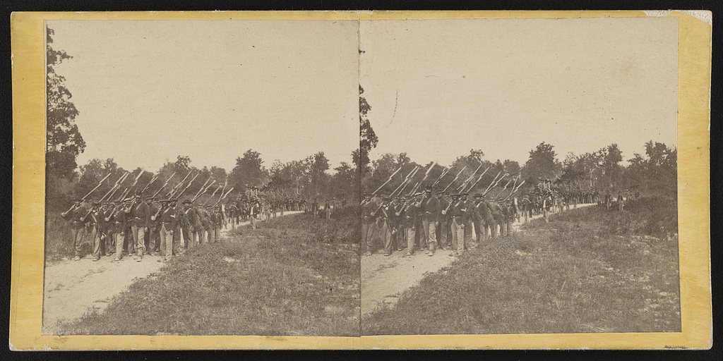 Soldiers from the 134th Illinois Volunteer Infantry marching at