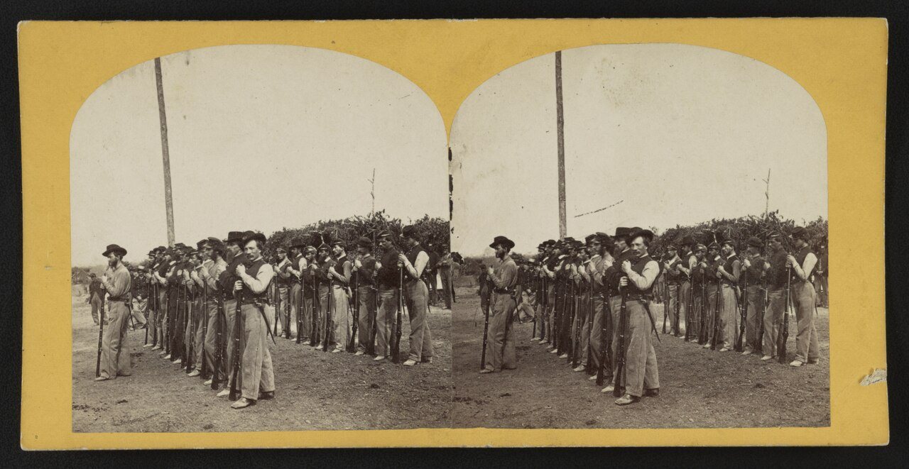 Soldiers from the 134th Illinois Volunteer Infantry drilling at