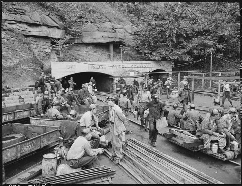 Changing shifts at the mine portal in the afternoon. Inland Steel Company, Wheelwright #1 & 2 Mines, Wheelwright, Floyd…