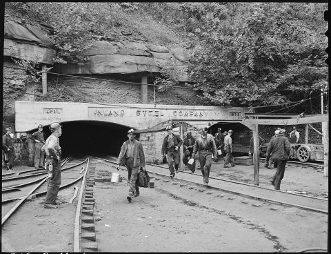 Changing shifts at the mine portal in the afternoon. Inland Steel Company, Wheelwright #1 & 2 Mines, Wheelwright, Floyd…