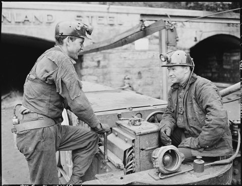 Breakman and motorman at mine portal. Inland Steel Company, Wheelwright #1 & 2 Mines, Wheelwright, Floyd County, Kentuc…