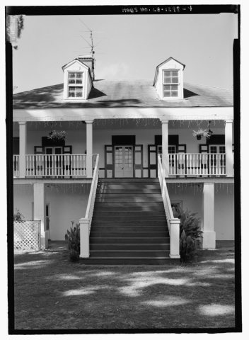 Detail view of northeast elevation to show front stair - Roubieu-Jones House, 374 Louisiana State Highway 484, Natchez,…
