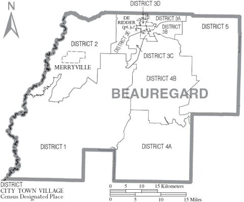 Map of Beauregard Parish Louisiana With Municipal and District Labels