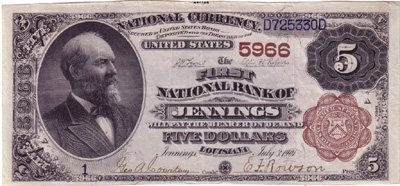 First National Bank Jennings Louisiana 5 Dollar Banknote 1901