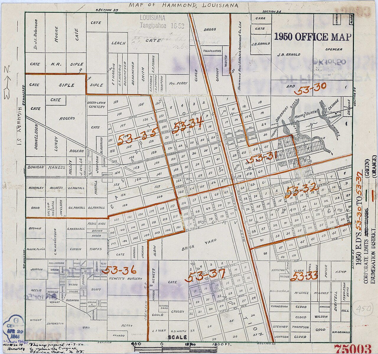1950 Census Enumeration District Maps - Louisiana (LA) - Tangipahoa Parish - Hammond - ED 53-30 to 37