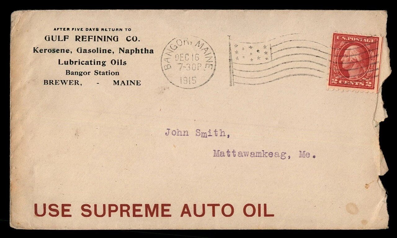 US 1915 Maine Gulf Refining Co. Advertising Bangor to Mattawamkeag Cover front