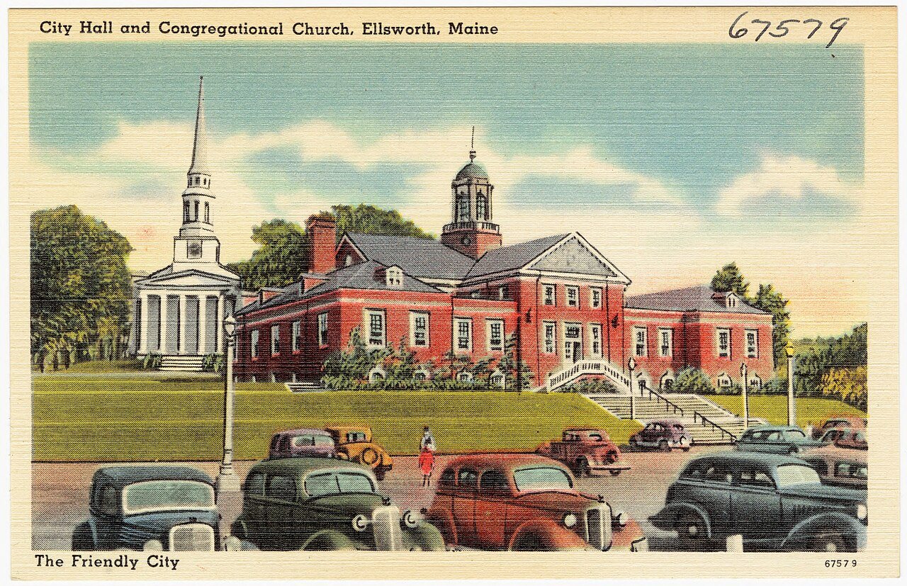 City Hall and Congregational Church, Ellsworth, Maine, the friendly city (67579)