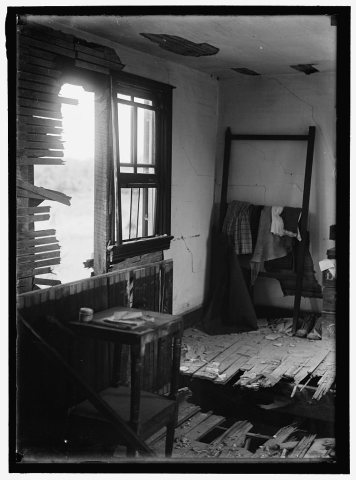 INDIAN HEAD, MD. NAVY PROVING GROUND. RESIDENCE OF GEORGE SWANN, DAMAGED BY 16' SHELL THAT HIT ANOTHER IN SANDBANK, AND…