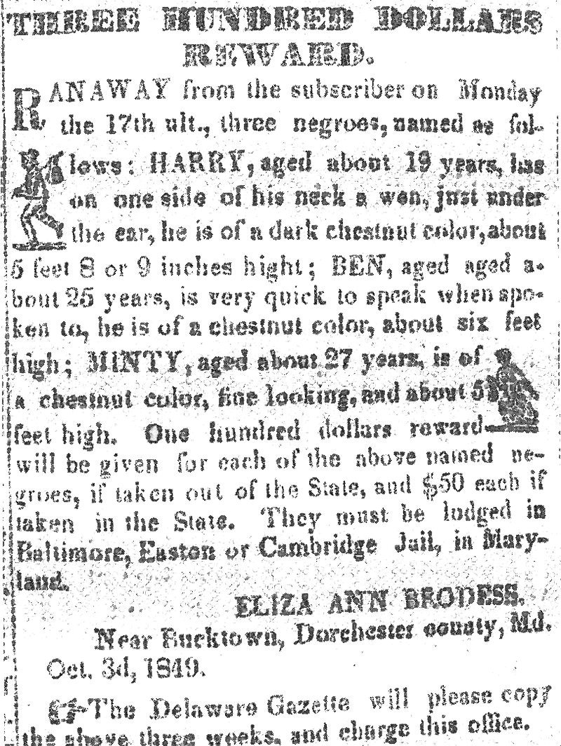 Harriet Tubman Reward Notice 1849