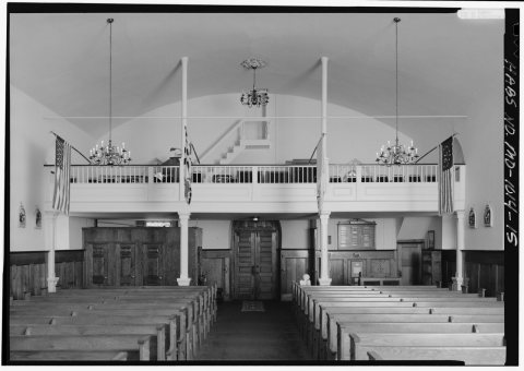 GENERAL INTERIOR VIEW LOOKING EAST TOWARDS GALLERY AND FRONT ENTRY (NOTE DOORWAY TO BELL TOWER AT TOP AND CONFESSIONAL …