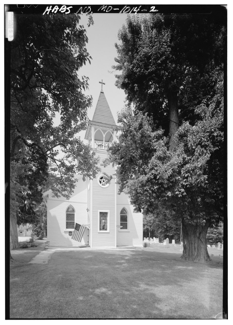 GENERAL PERSPECTIVE VIEW OF EAST (FRONT), LOOKING WEST-NORTHWEST - Sacred Heart Church at Whitemarsh, 16101 Annapolis R…