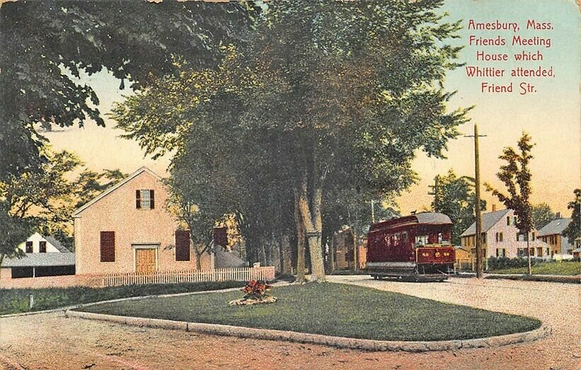 Amesbury Friends Meeting House and streetcar - 1910 postcard