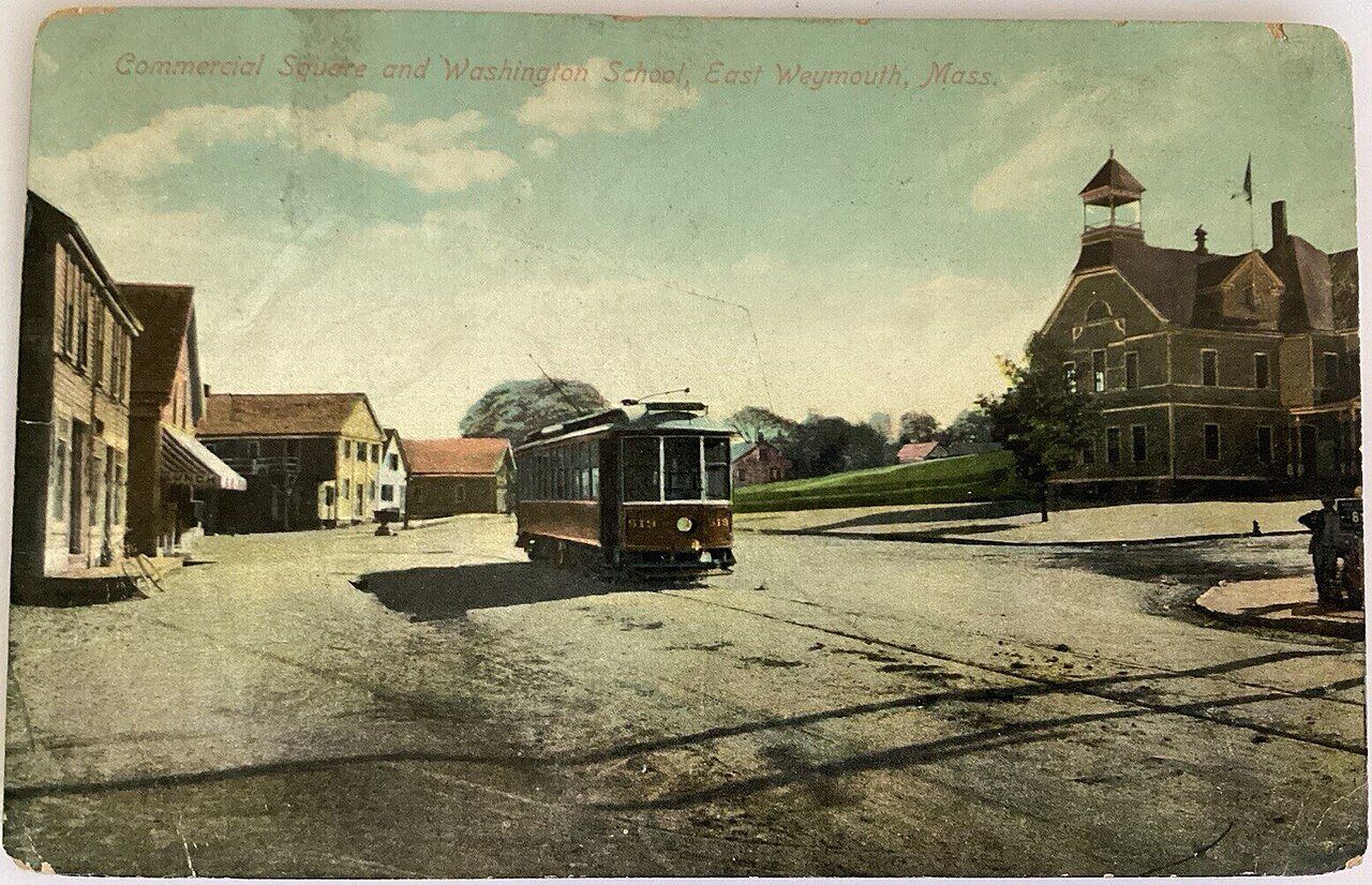 Commercial Square, Weymouth, with streetcar and Washington School - postcard