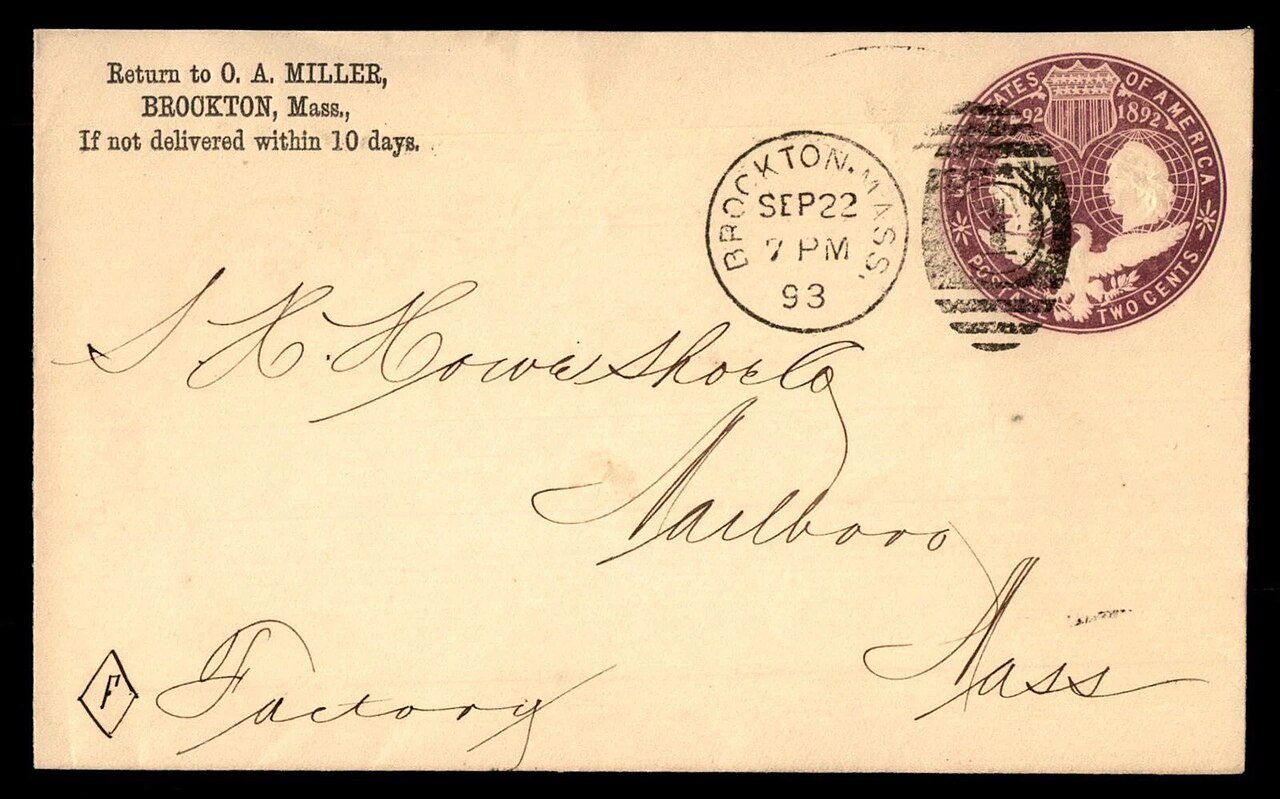 US 1893 Brockton to Marlboro Cover front