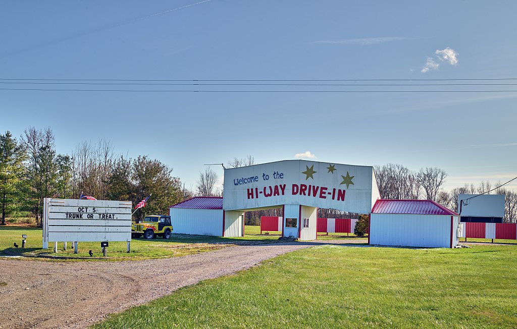 The Hi-Way Drive-In movie theater, outside Carsonville, Michigan. Drive-in theaters consist of a large outdoor movie sc…