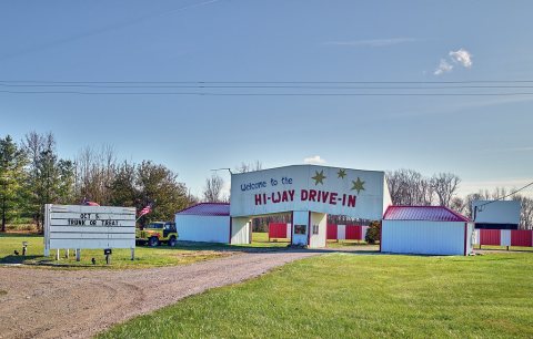 The Hi-Way Drive-In movie theater, outside Carsonville, Michigan. Drive-in theaters consist of a large outdoor movie sc…