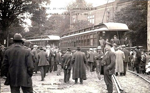 First interurban cars on the Detroit, Almont and Northern Railroad, Almont, Michigan, July 1, 1914